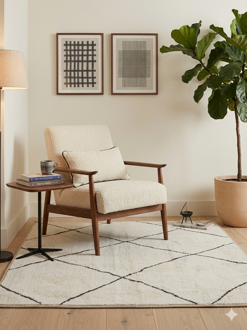 3' x 5' Rectangular Ivory & Charcoal Geometric Modern Area Rug styled in a cozy reading nook with a modern accent chair and minimal decor.