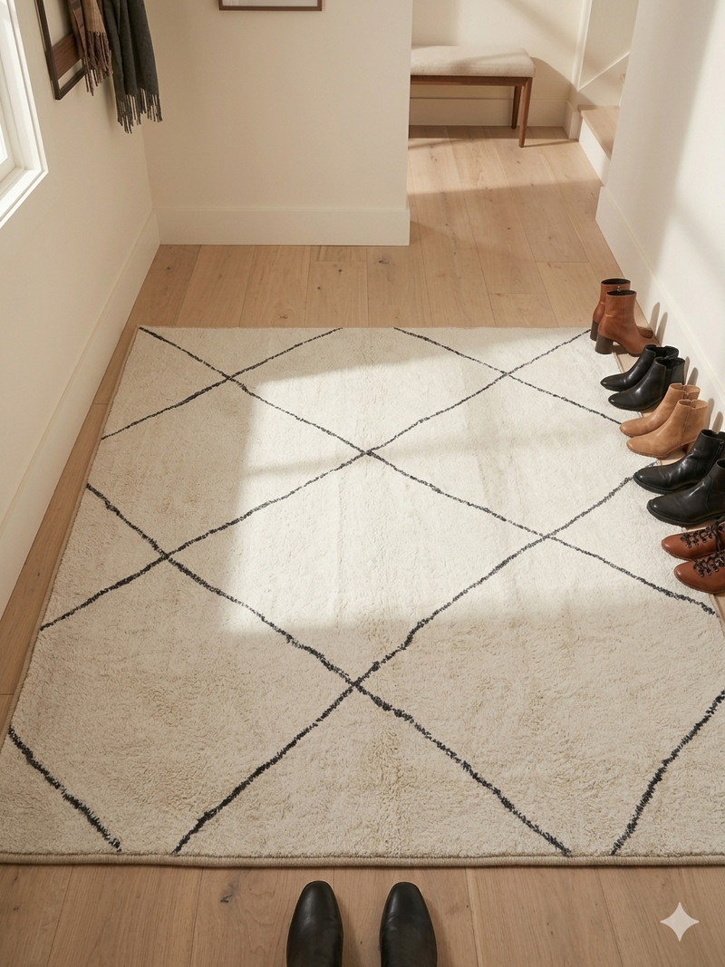 3' x 5' Rectangular Ivory & Charcoal Geometric Modern Area Rug styled in an entryway with light wood flooring and neutral decor.