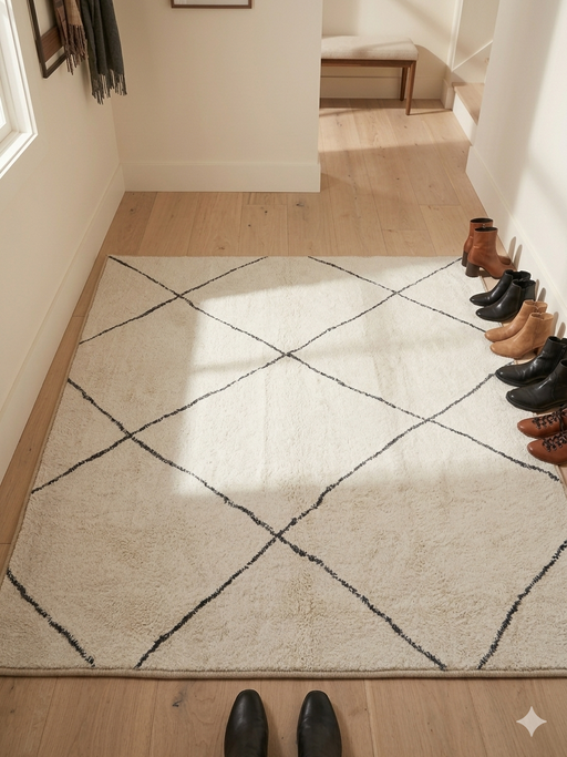 3' x 5' Rectangular Ivory & Charcoal Geometric Modern Area Rug styled in an entryway with light wood flooring and neutral decor.