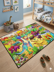 3' x 5' Rectangular Multicolor Dinosaur Jungle Kids Novelty Washable Area Rug placed in a playful kids bedroom with a bunk bed, dinosaur toys, and colorful wall art.