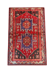 3' x 5' Rectangular Red & Blue Tribal Geometric Southwestern Washable Area Rug displayed on a plain background.