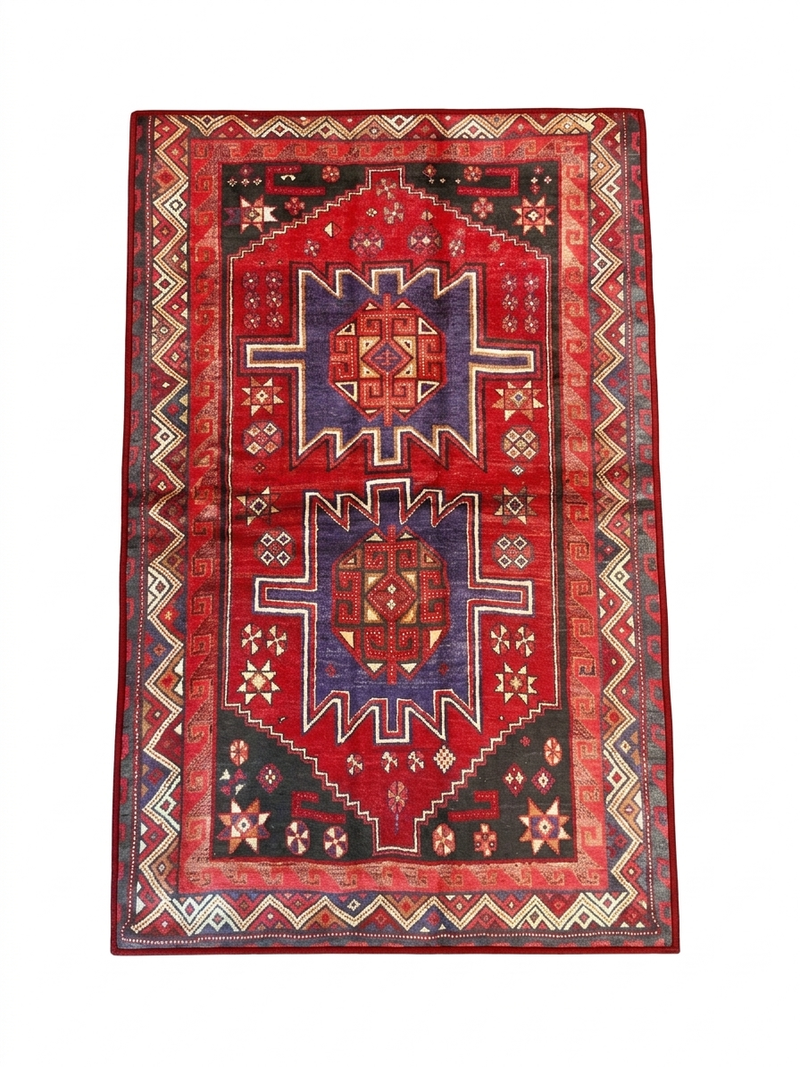 3' x 5' Rectangular Red & Blue Tribal Geometric Southwestern Washable Area Rug displayed on a plain background.