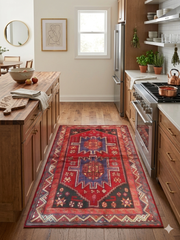 3' x 5' Rectangular Red & Blue Tribal Geometric Southwestern Washable Area Rug styled in a warm kitchen between natural wood cabinets and a large island.