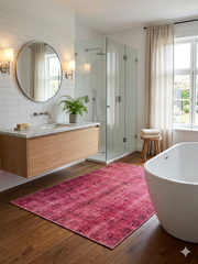 3' x 5' Rectangular Rose Pink & Burgundy Distressed Vintage Area Rug styled in a bathroom with modern fixtures and natural light.
