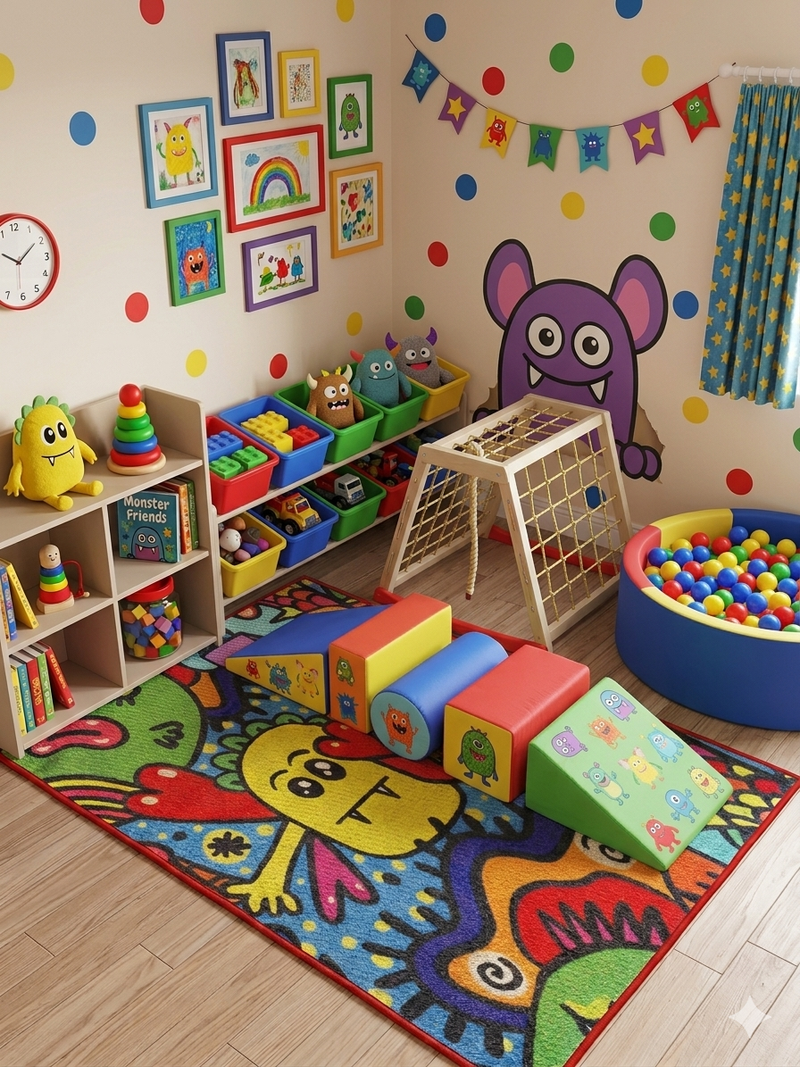 3' x 5' rectangular multicolor cartoon abstract kids playful area rug placed in a bright playroom with toy storage, soft play blocks, and a ball pit.