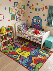 3' x 5' rectangular multicolor cartoon abstract kids playful area rug styled in a colorful kids bedroom with playful wall art and toys.