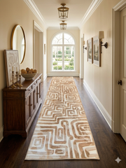 3' x 8' Runner Beige & Ivory Geometric Abstract Modern Washable Area Rug displayed in a bright hallway with classic architectural details, dark wood flooring, and sophisticated neutral furnishings.