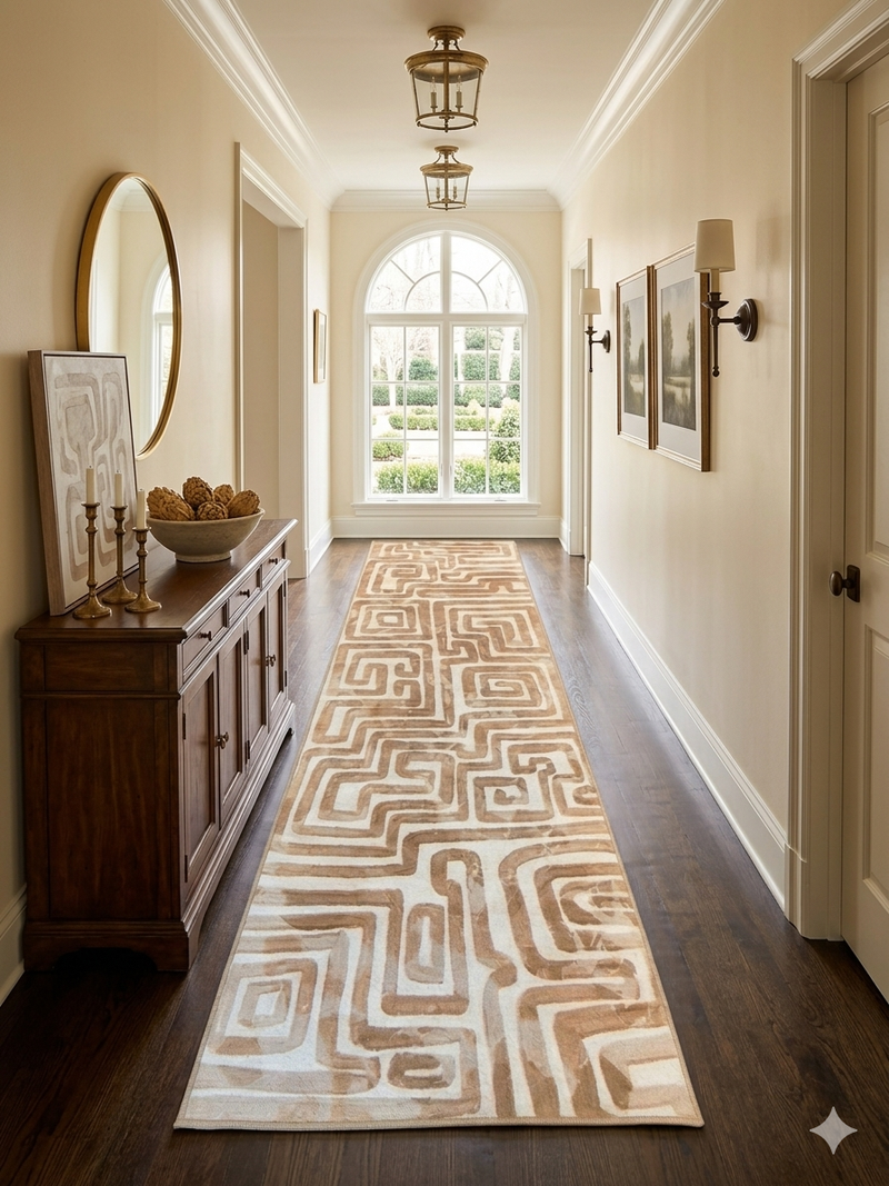 3' x 8' Runner Beige & Ivory Geometric Abstract Modern Washable Area Rug displayed in a bright hallway with classic architectural details, dark wood flooring, and sophisticated neutral furnishings.