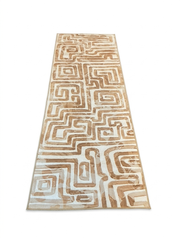 3' x 8' Runner Beige & Ivory Geometric Abstract Modern Washable Area Rug displayed on a white background, featuring a bold abstract geometric maze-inspired pattern in beige, ivory, and taupe tones.