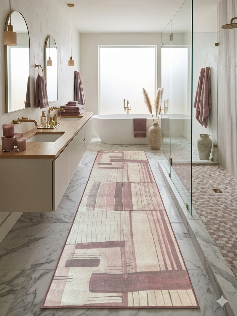 3' x 8' Runner Blush Pink Abstract Geometric Modern Washable Area Rug placed in a spa-inspired bathroom with marble floors, a freestanding tub, and soft pink accents.