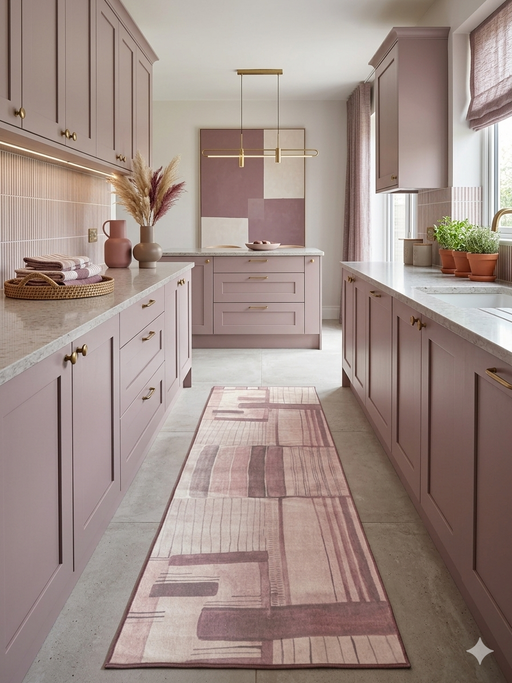 3' x 8' Runner Blush Pink Abstract Geometric Modern Washable Area Rug styled in a modern blush-toned kitchen with sleek cabinetry, gold accents, and light stone flooring.
