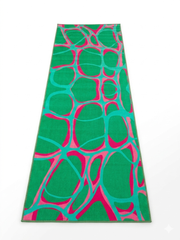 3' x 8' Runner Emerald Green & Pink Abstract Geometric Modern Washable Area Rug displayed on a white background, featuring a bold abstract geometric pattern in emerald green, hot pink, and aqua tones.