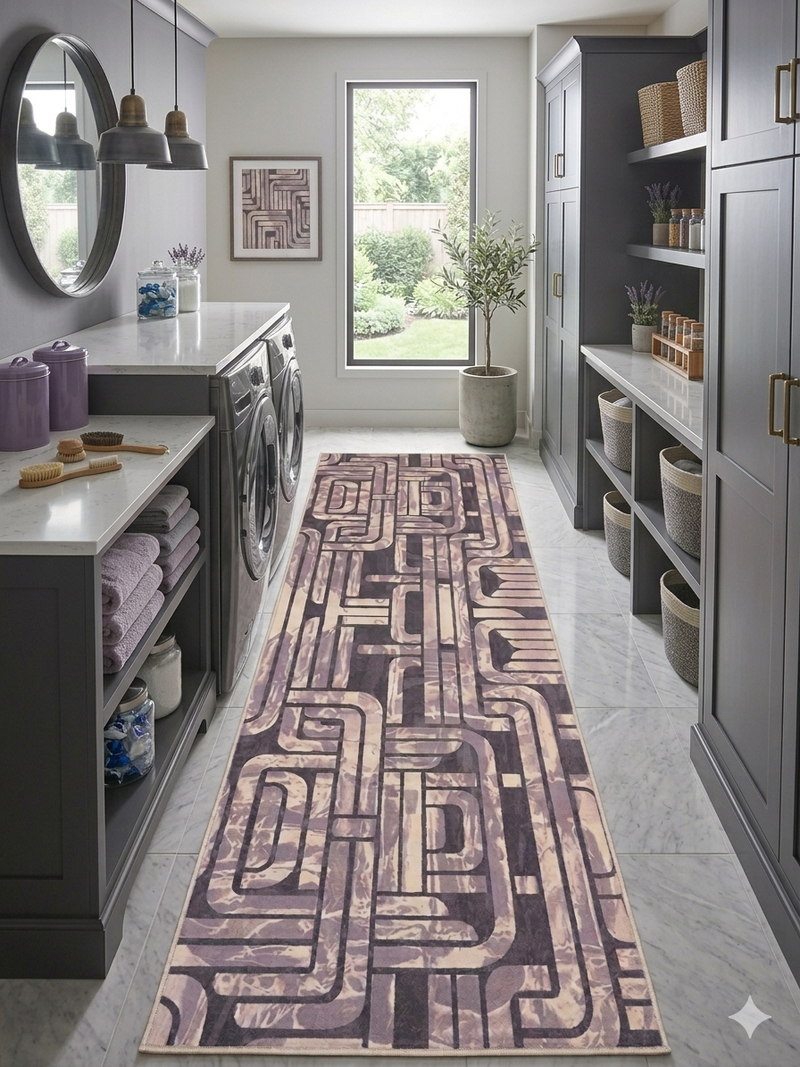 3' x 8' Runner Gray & Taupe Geometric Abstract Modern Washable Area Rug displayed in a modern laundry room with custom gray cabinetry, marble-look flooring, and sophisticated transitional styling.