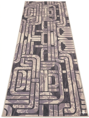 3' x 8' Runner Gray & Taupe Geometric Abstract Modern Washable Area Rug displayed on a white background, featuring an intricate geometric abstract pattern in gray, taupe, ivory, and charcoal tones.