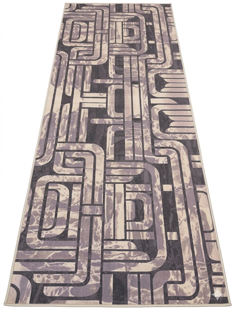 3' x 8' Runner Gray & Taupe Geometric Abstract Modern Washable Area Rug displayed on a white background, featuring an intricate geometric abstract pattern in gray, taupe, ivory, and charcoal tones.