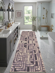 3' x 8' Runner Gray & Taupe Geometric Abstract Modern Washable Area Rug placed in a luxurious bathroom with marble flooring, a glass shower enclosure, and elegant contemporary furnishings.