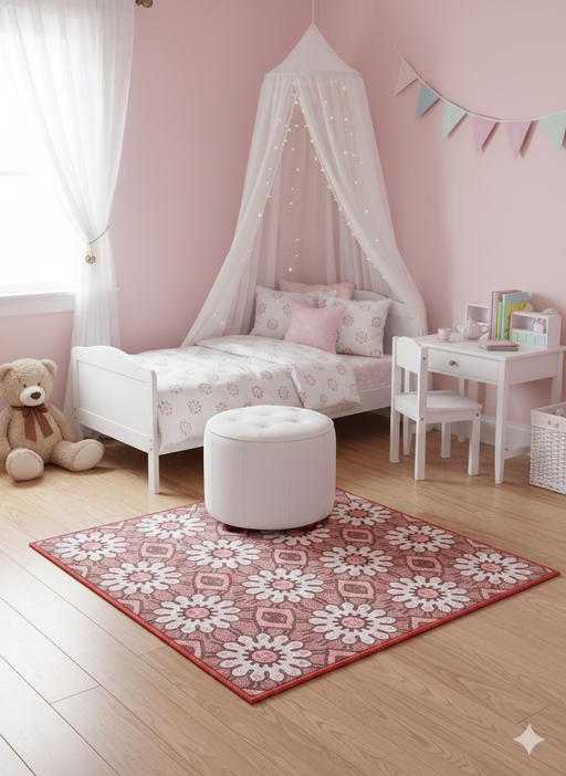 3x3 Square Dusty Rose Ivory / Cream Floral Geometric Vintage Washable Area Rug placed in bedroom setting.