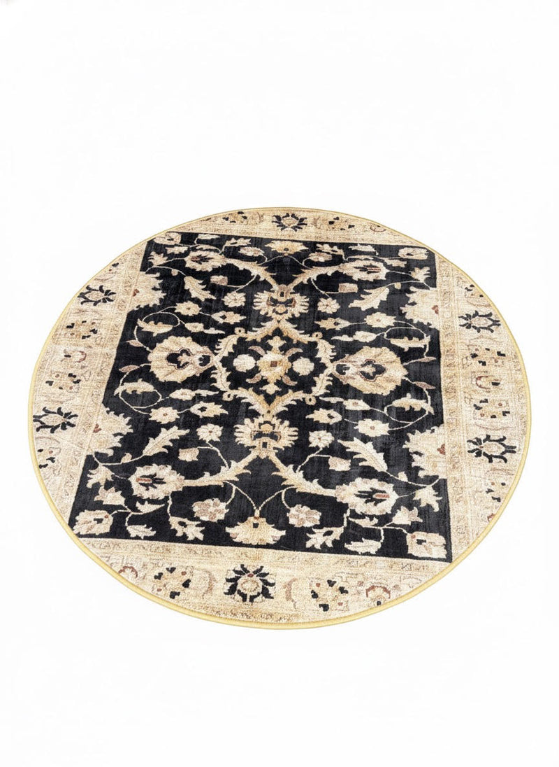 4-foot round traditional area rug featuring a black center with ivory and beige floral medallion patterns and a decorative border.