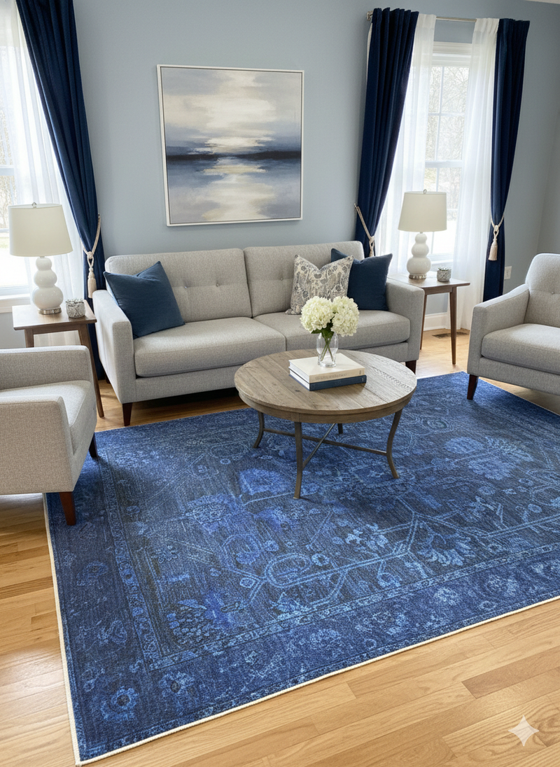5' x 8' Rectangular Blue & Light Blue Distressed Floral Medallion Vintage Washable Area Rug styled in a contemporary living room.
