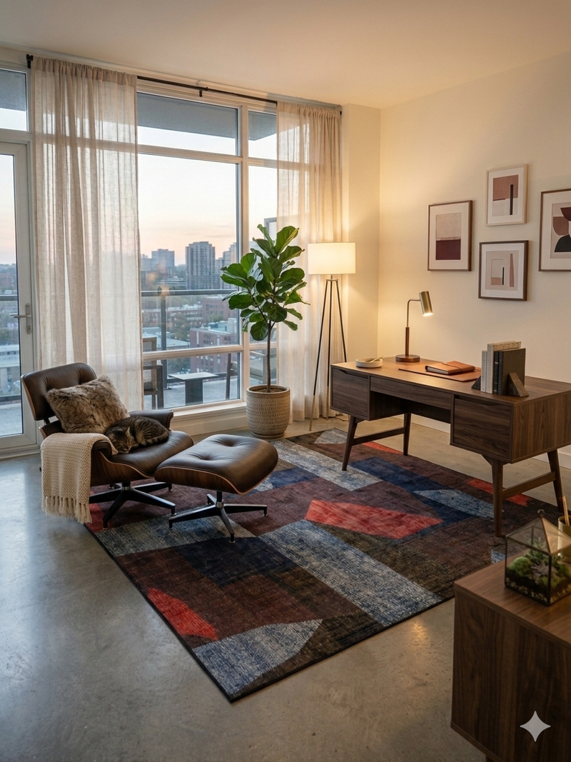 6' x 9' Rectangular Multicolor Red Blue & Charcoal Abstract Geometric Modern Area Rug styled in a home office with a wooden desk and lounge chair.
