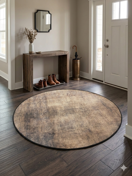 4' Round Beige & Brown Distressed Modern Abstract Area Rug styled in a welcoming entryway with wooden console table and décor accents.