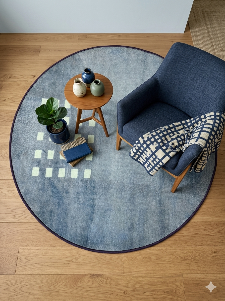 4' Round Blue Ivory Geometric Minimalist Modern Area Rug — The Rug Lady