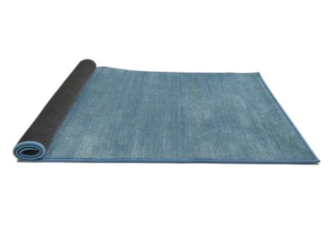 4' Round Denim Blue Contemporary Modern Area Rug displayed in a rolled product view on a white background.