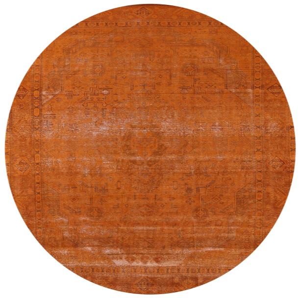 4' Round Orange Rust Mid-Century Modern Oriental Area Rug shown in a top-down product design view on a white background.