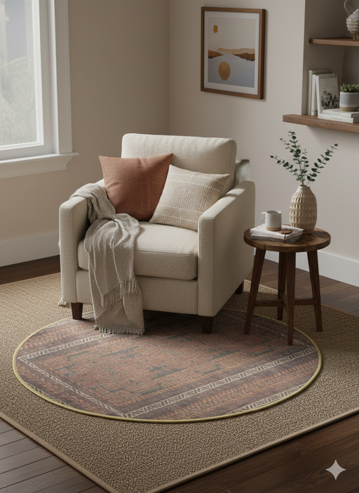 4' Round Rust & Beige Geometric Traditional Area Rug placed in a bright sunroom.