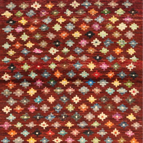4' Square Red & Multi-Color Geometric Contemporary Modern Area Rug displayed in a close-up product design view.