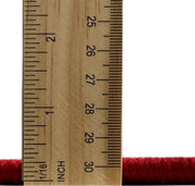 4' Square Red & Multi-Color Geometric Contemporary Modern Area Rug showing low pile height detail with measuring ruler.