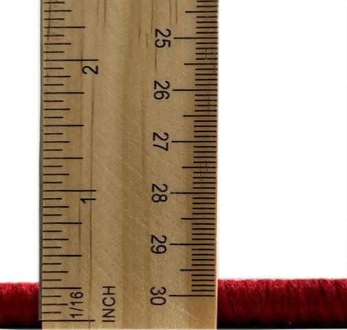 4' Square Red & Multi-Color Geometric Contemporary Modern Area Rug showing low pile height detail with measuring ruler.
