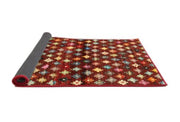 4' Square Red & Multi-Color Geometric Contemporary Modern Area Rug shown in a rolled product view on a white background.