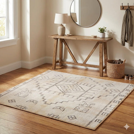 4' x 4' Square Ivory Taupe Light Gray Geometric Area Rug placed in a modern entryway with a sleek console table, coat hooks, and warm wooden floors.