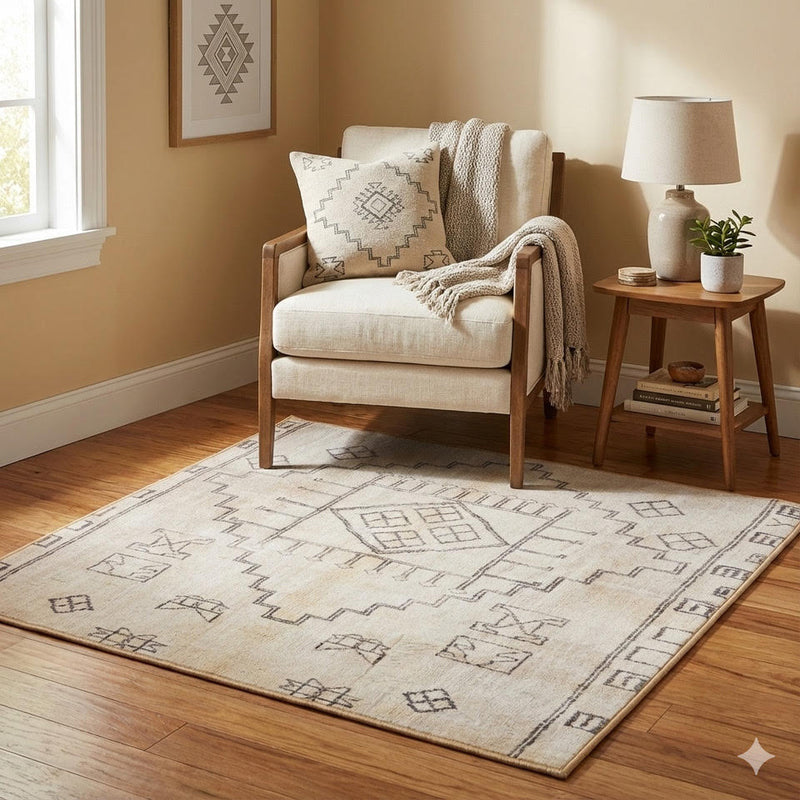 4' x 4' Square Ivory Taupe Light Gray Geometric Area Rug placed in a welcoming entryway with wood floors and console table..