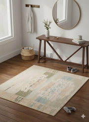 4' x 4' square beige multi-color ikat abstract transitional area rug styled in an entryway with a wooden console table, round mirror, and woven basket decor.