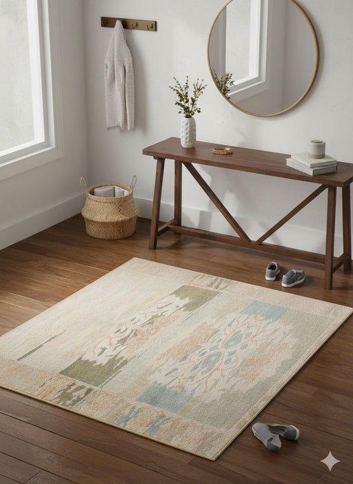 4' x 4' square beige multi-color ikat abstract transitional area rug styled in an entryway with a wooden console table, round mirror, and woven basket decor.