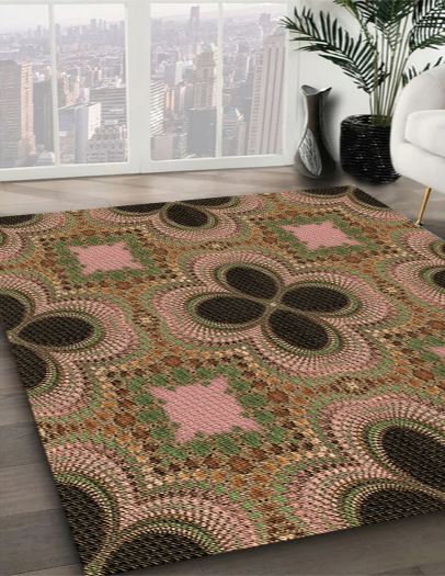 4' x 6' Bronze Brown Pink Patterned Super Soft Cloud Area Rug angled perspective view displaying the repeating decorative motif and plush appearance.