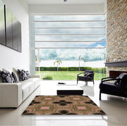 4' x 6' Bronze Brown Pink Patterned Super Soft Cloud Area Rug staged in a bright contemporary living room, emphasizing the bold pattern and warm color palette.