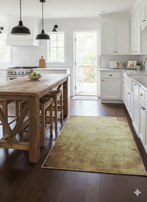 4' x 6' Moss / Olive Green Muted Gold Solid Textured Area Rug placed in a bright kitchen walkway beside a wood island.