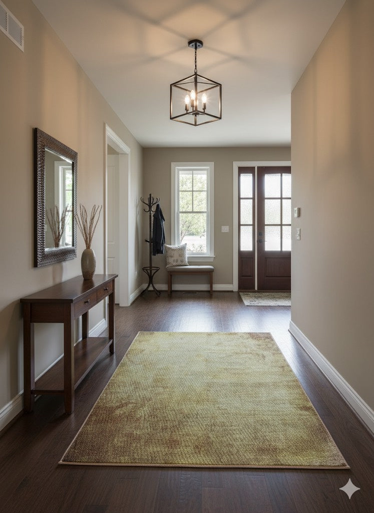 4' x 6' Moss / Olive Green Muted Gold Solid Textured Area Rug placed in a modern entryway with a sleek console table, coat hooks, and warm wooden floors.