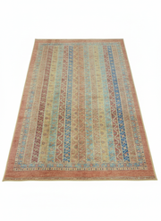 4' x 6' Rectangle Coral & Blue Area Rug with Striped Tribal Traditional Pattern