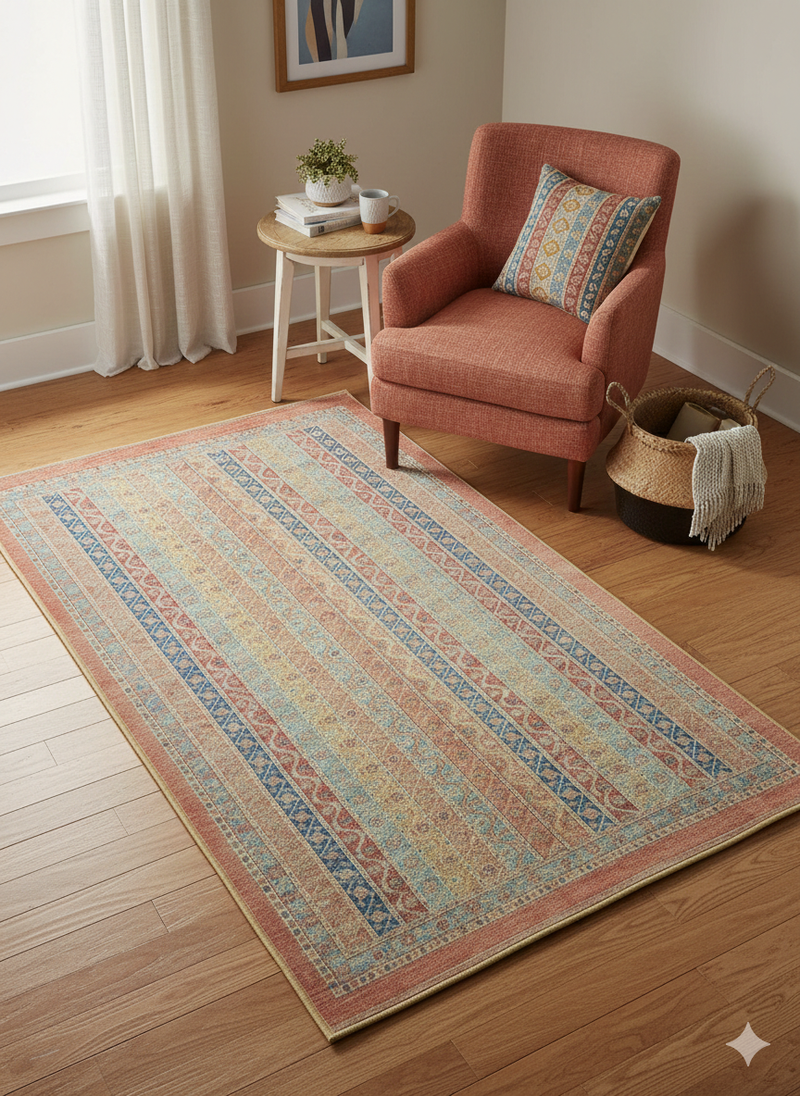 4' x 6' Rectangle Coral & Blue Striped Tribal Traditional Area Rug placed in a cozy living room reading nook.