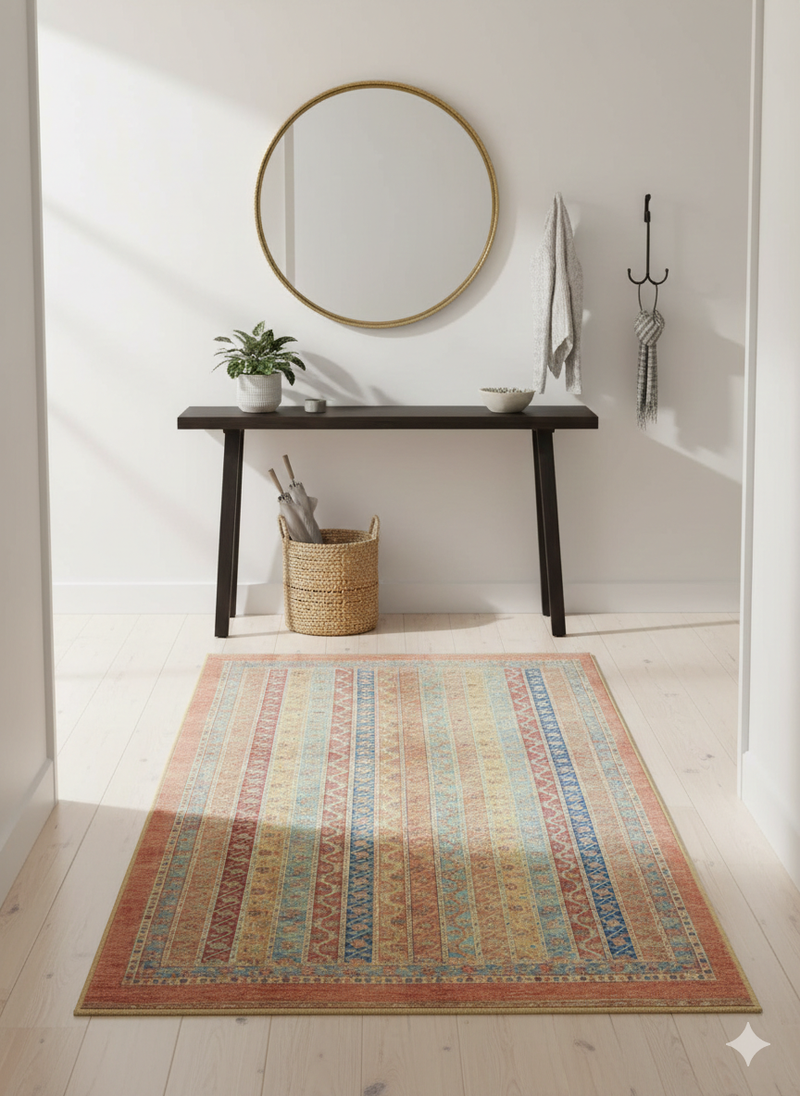 4' x 6' Rectangle Coral & Blue Striped Tribal Traditional Area Rug placed in a modern entryway setting.