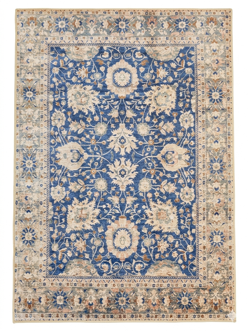 4' x 6' Rectangular Blue Ivory Floral Traditional Area Rug isolated on a white background.
