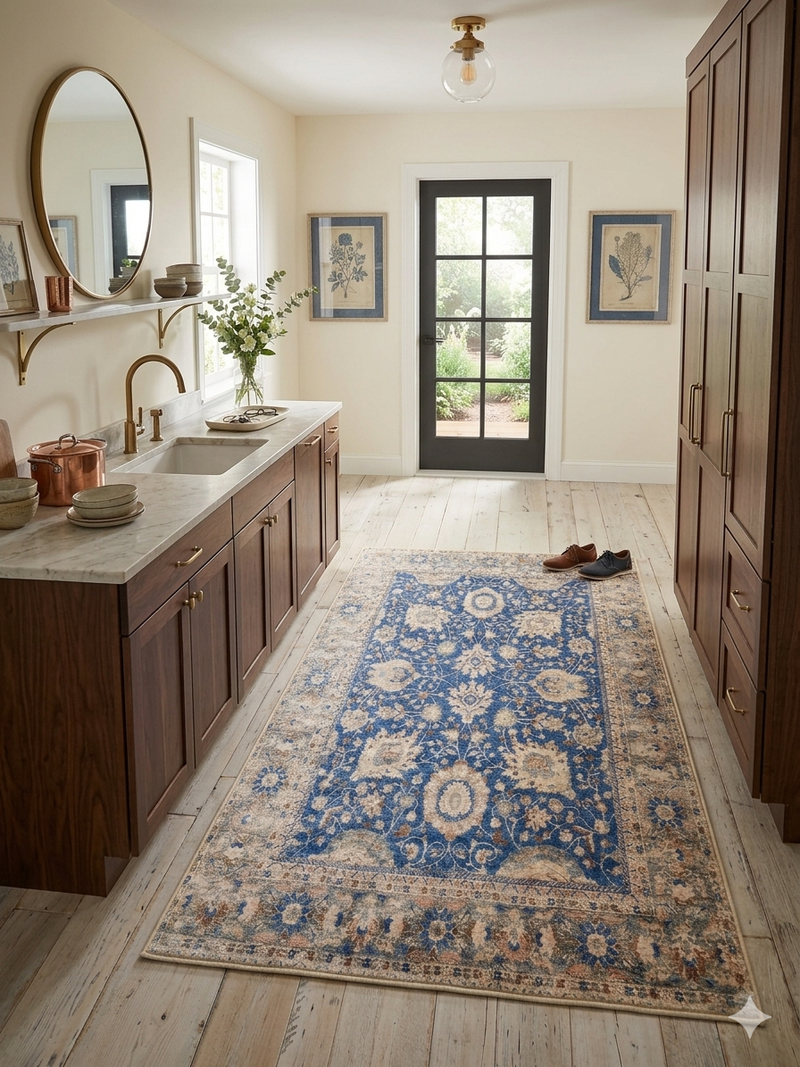 4' x 6' Rectangular Blue & Ivory Floral Traditional Area Rug styled in a spacious kitchen with traditional cabinetry.