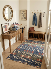 4' x 6' Rectangular Blue & Red Stars Striped Patriotic Area Rug placed in a welcoming entryway.