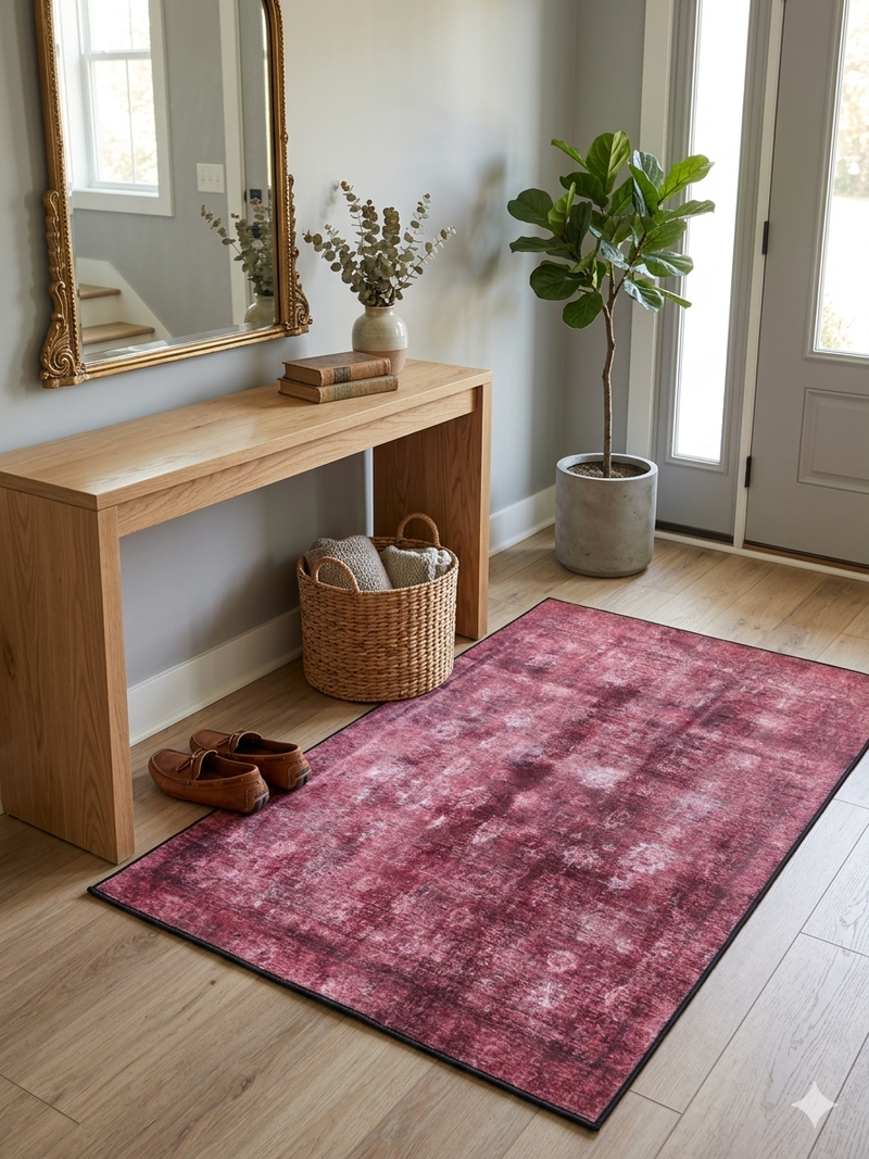 4' x 6' Rectangular Fuchsia Pink Distressed Abstract Modern Area Rug placed in a welcoming entryway with natural wood furnishings.