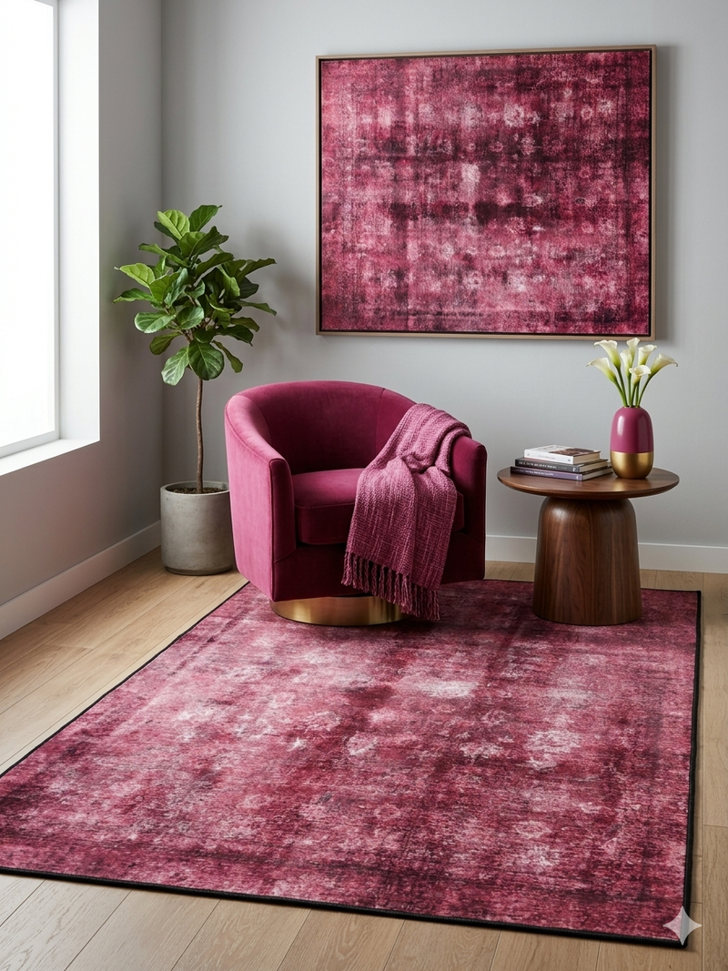 4' x 6' Rectangular Fuchsia Pink Distressed Abstract Modern Area Rug styled in a contemporary sitting area with bold pink accents.