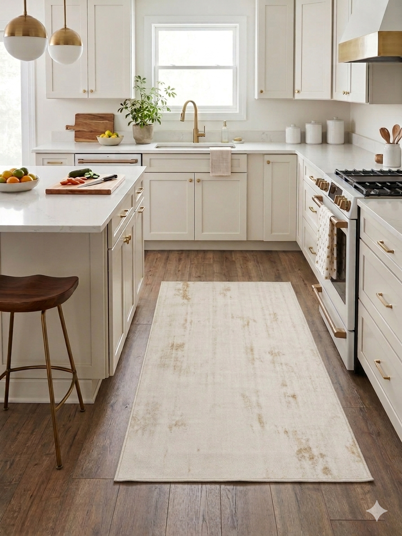 4' x 6' Rectangular Ivory & Gold Distressed Abstract Modern Washable Area Rug placed in a bright modern kitchen between white cabinets.